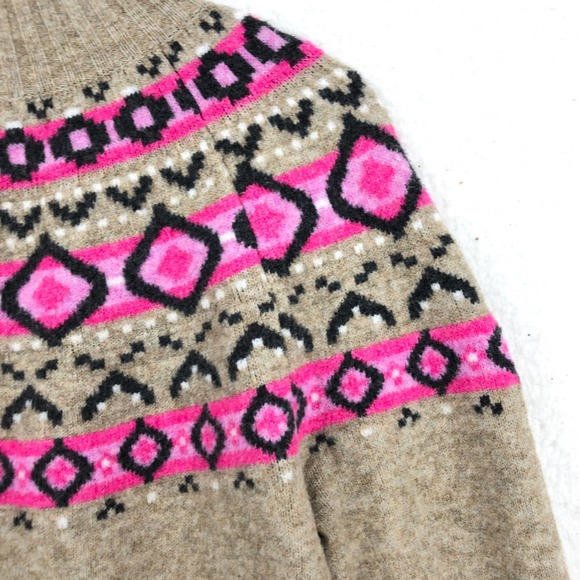 LOFT Womens L Brown Pink Fair Isle Sweater Dress Mock Neck Stretch Long Sleeve - Picture 2 of 6